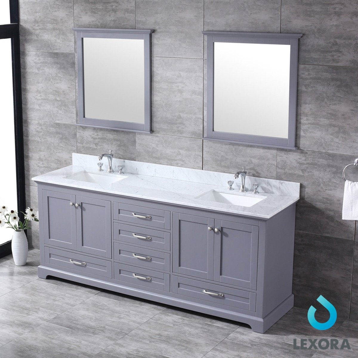 Dukes 80" Dark Grey Double Vanity, White Carrara Marble Top, White Square Sinks and 30" Mirrors w/ Faucets