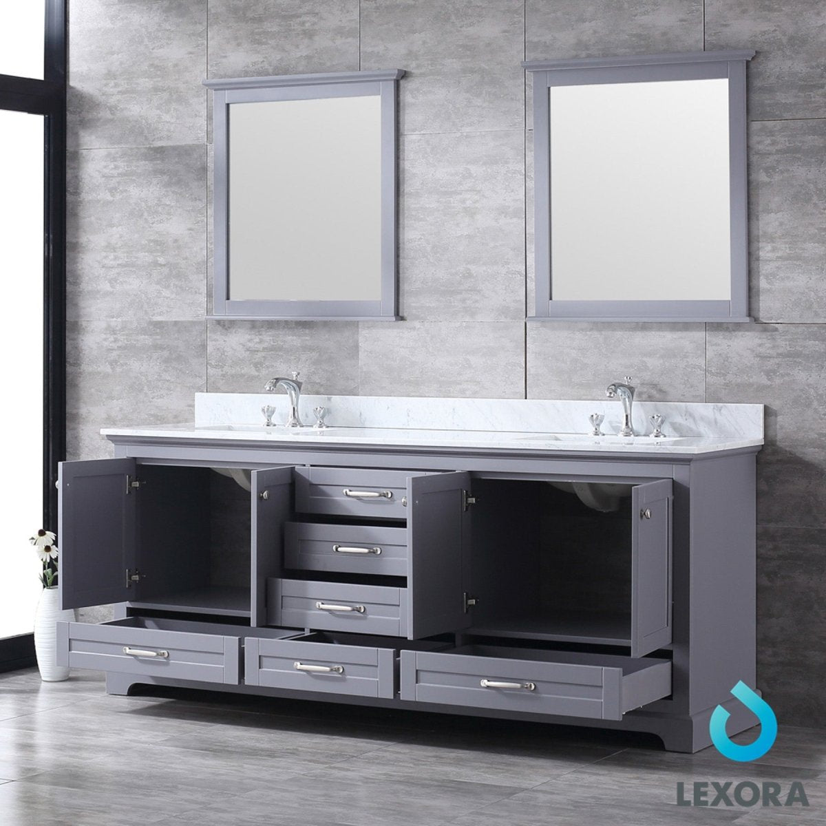 Dukes 80" Dark Grey Double Vanity, White Carrara Marble Top, White Square Sinks and 30" Mirrors w/ Faucets