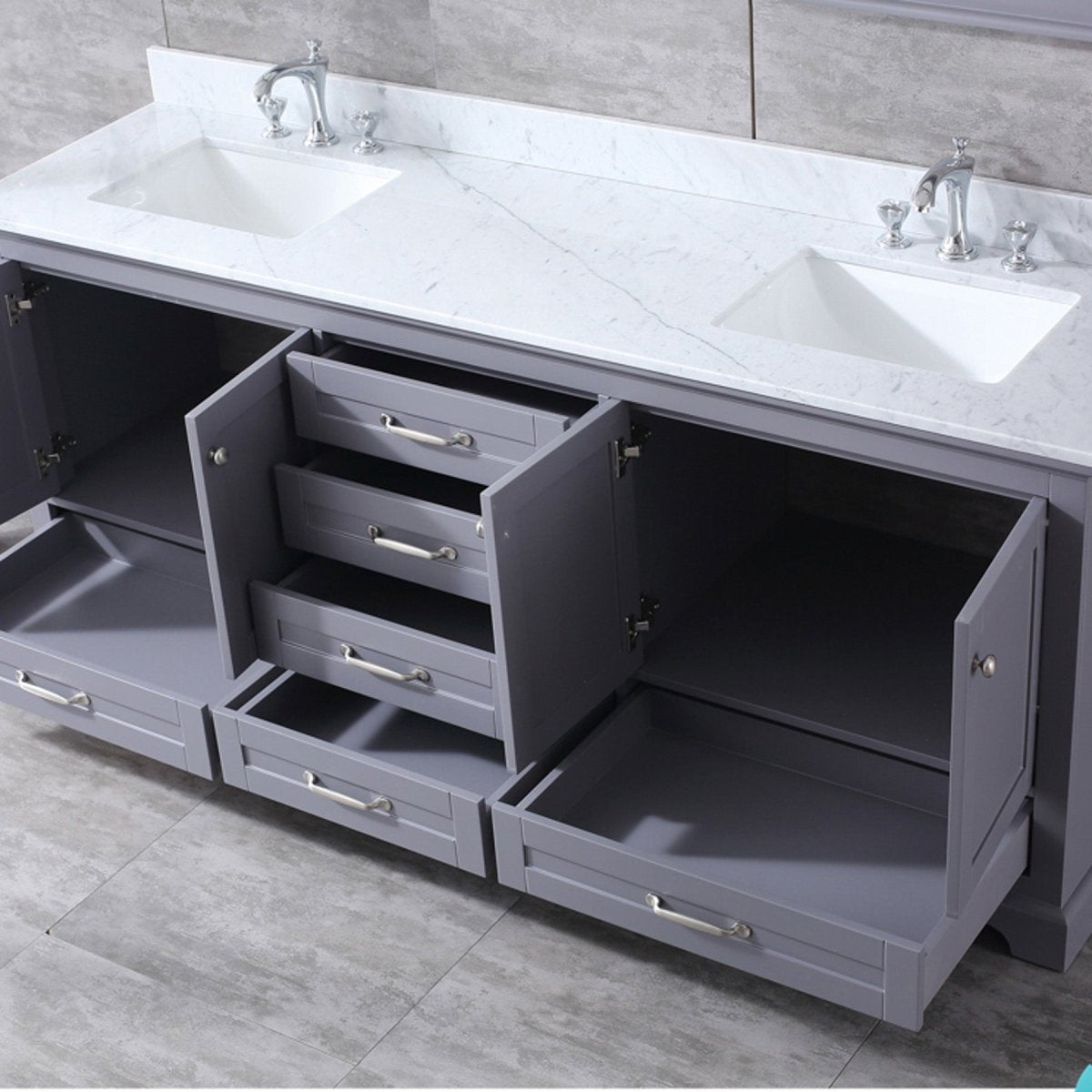 Dukes 80" Dark Grey Double Vanity, White Carrara Marble Top, White Square Sinks and 30" Mirrors w/ Faucets