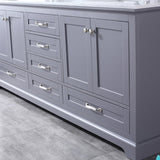 Dukes 80" Dark Grey Double Vanity, White Carrara Marble Top, White Square Sinks and 30" Mirrors w/ Faucets