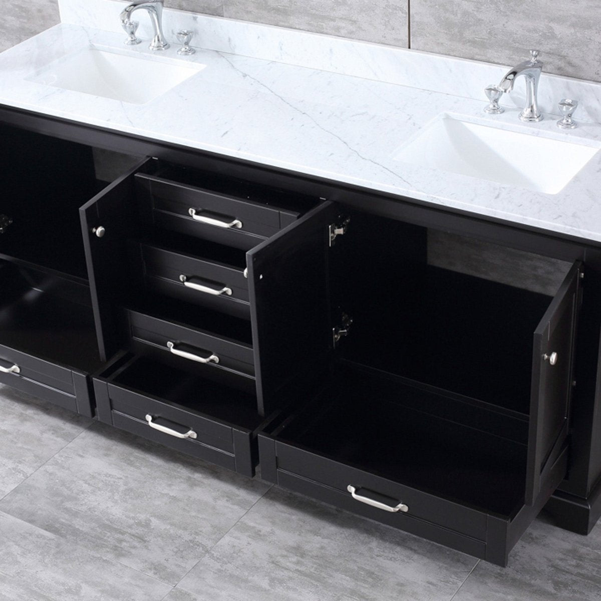 Dukes 80" Espresso Double Vanity, White Carrara Marble Top, White Square Sinks and 30" Mirrors