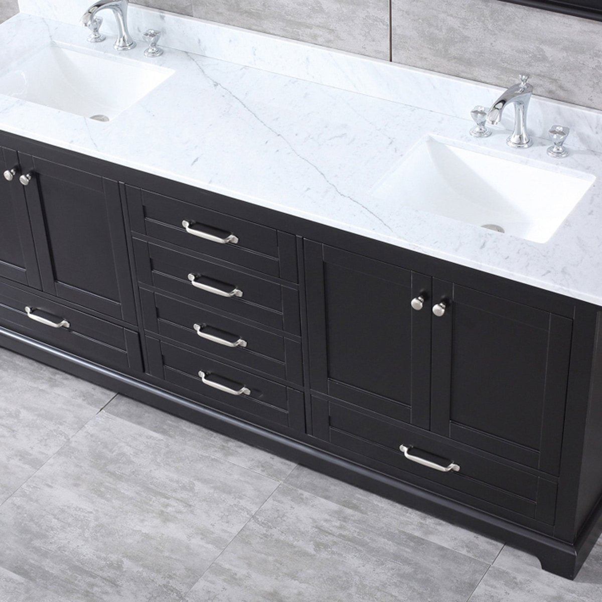 Dukes 80" Espresso Double Vanity, White Carrara Marble Top, White Square Sinks and 30" Mirrors