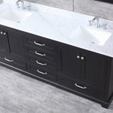 Dukes 80" Espresso Double Vanity, White Carrara Marble Top, White Square Sinks and 30" Mirrors