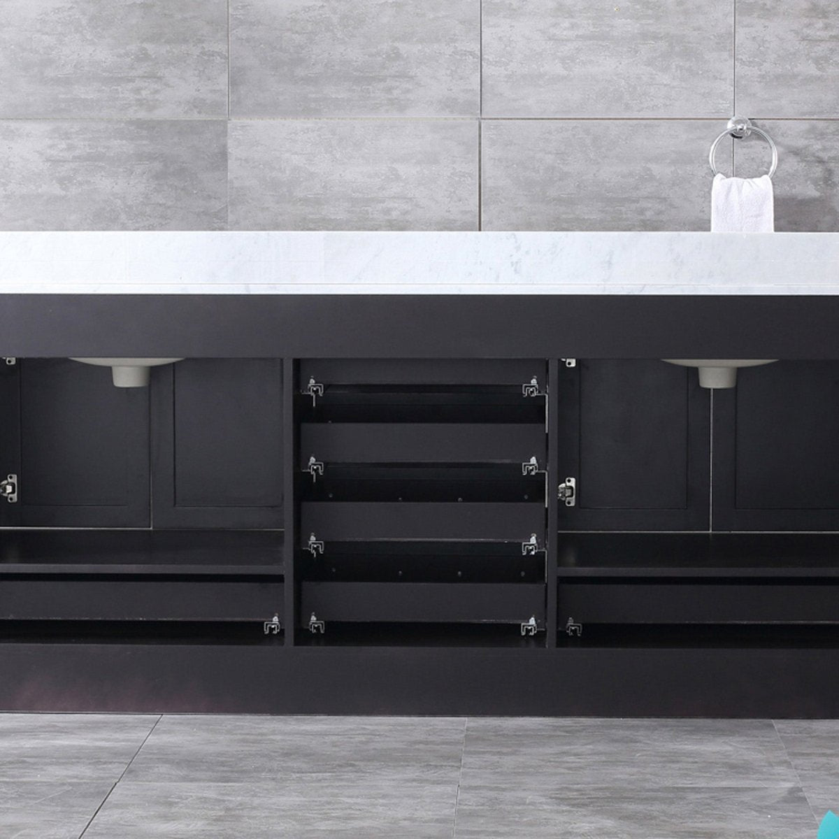 Dukes 80" Espresso Double Vanity, White Carrara Marble Top, White Square Sinks and 30" Mirrors