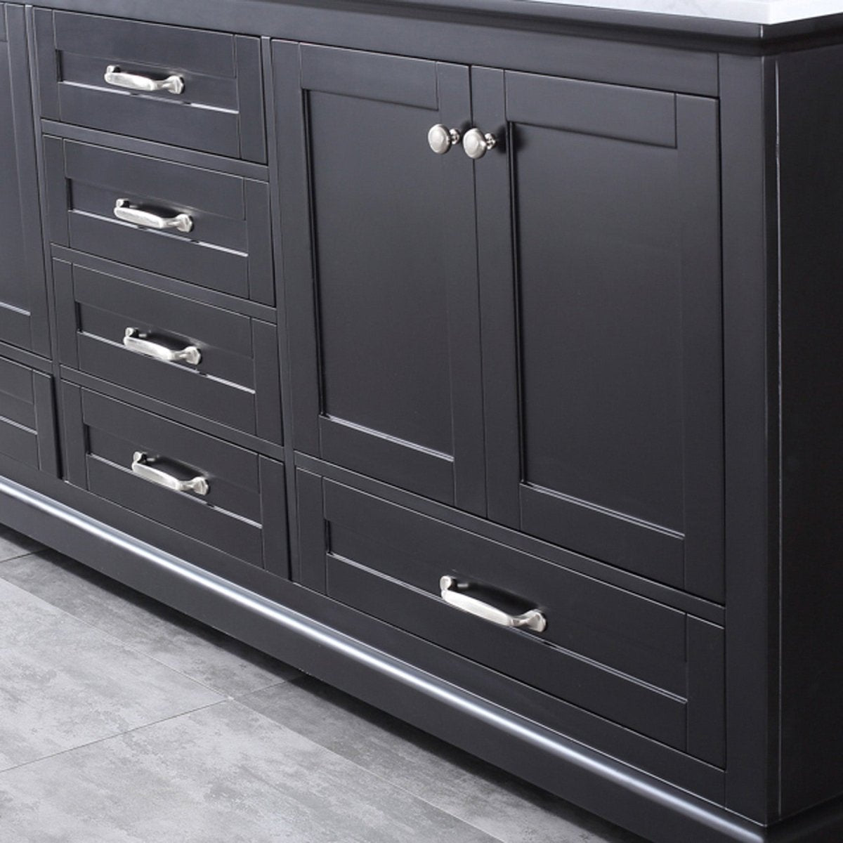 Dukes 80" Espresso Double Vanity, White Carrara Marble Top, White Square Sinks and 30" Mirrors
