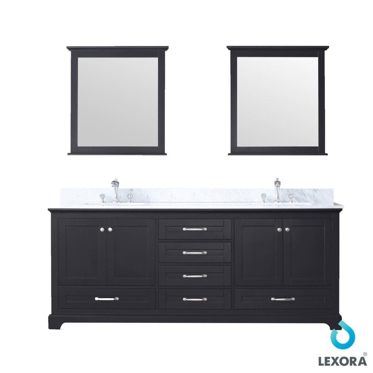 Dukes 80" Espresso Double Vanity, White Carrara Marble Top, White Square Sinks and 30" Mirrors