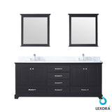 Dukes 80" Espresso Double Vanity, White Carrara Marble Top, White Square Sinks and 30" Mirrors w/ Faucets