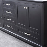 Dukes 80" Espresso Double Vanity, White Carrara Marble Top, White Square Sinks and 30" Mirrors w/ Faucets