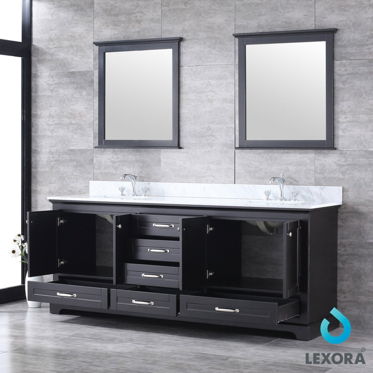 Dukes 80" Espresso Double Vanity, White Carrara Marble Top, White Square Sinks and 30" Mirrors w/ Faucets