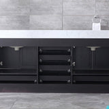 Dukes 80" Espresso Double Vanity, White Carrara Marble Top, White Square Sinks and 30" Mirrors w/ Faucets