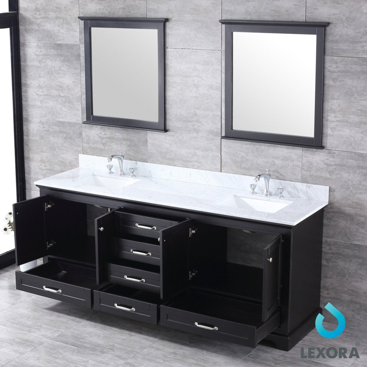 Dukes 80" Espresso Double Vanity, White Carrara Marble Top, White Square Sinks and 30" Mirrors w/ Faucets