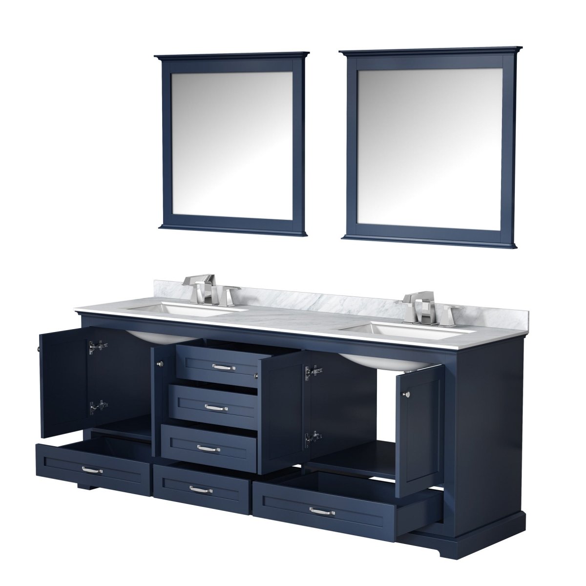 Dukes 80" Navy Blue Double Vanity, White Carrara Marble Top, White Square Sinks and 30" Mirrors