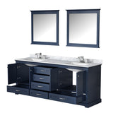 Dukes 80" Navy Blue Double Vanity, White Carrara Marble Top, White Square Sinks and 30" Mirrors