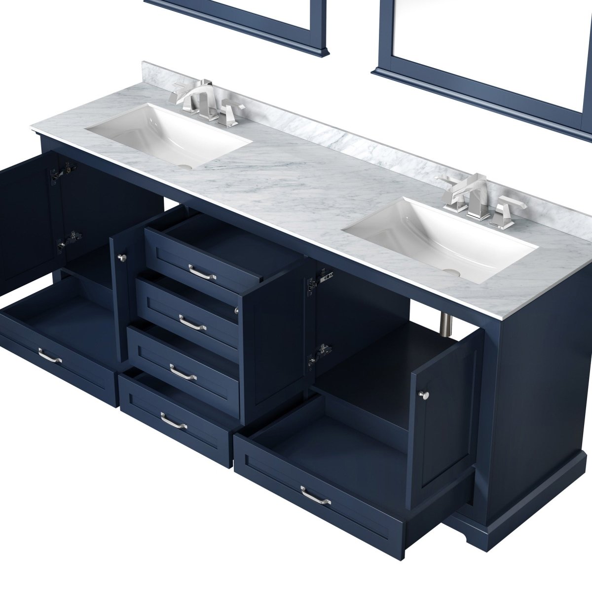 Dukes 80" Navy Blue Double Vanity, White Carrara Marble Top, White Square Sinks and 30" Mirrors