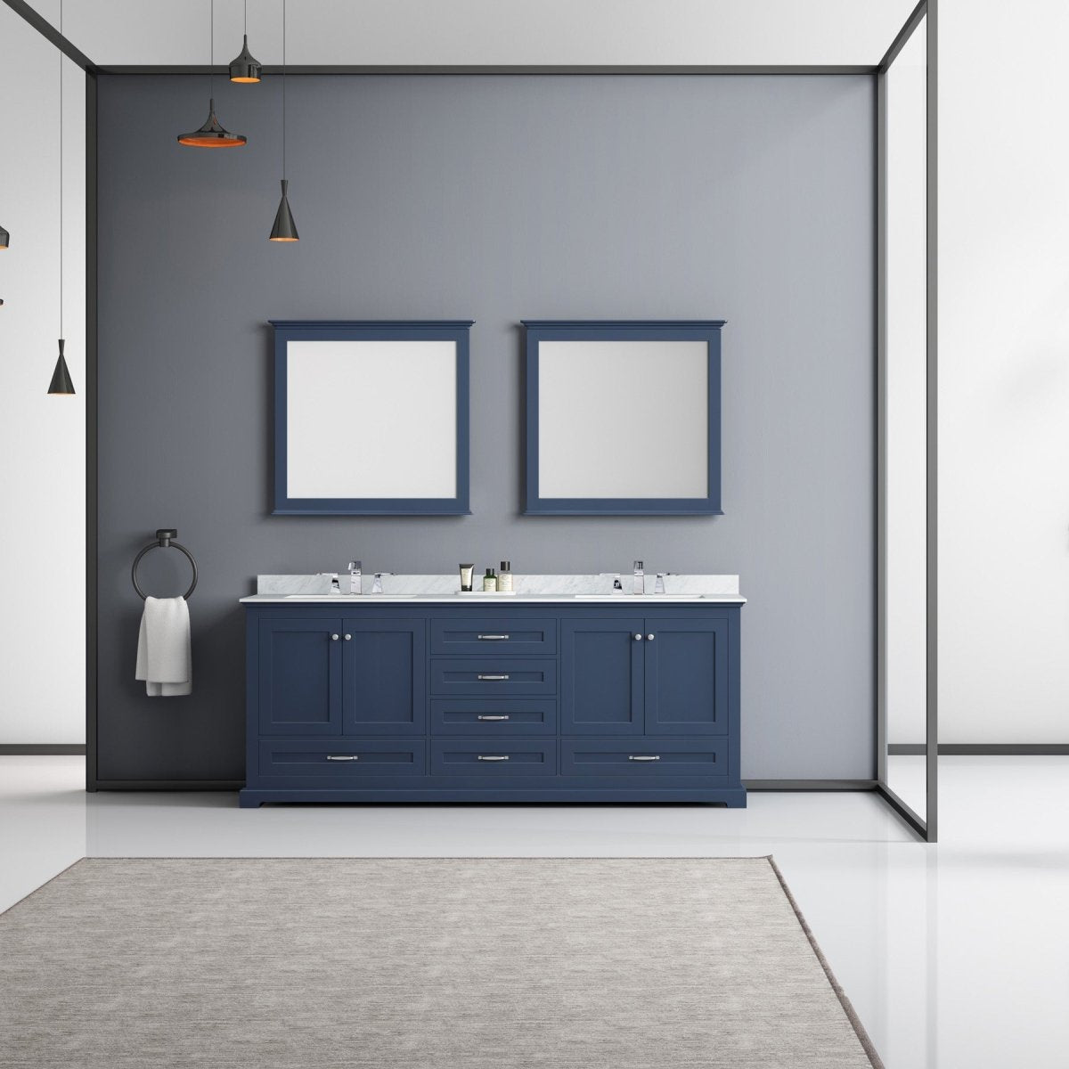 Dukes 80" Navy Blue Double Vanity, White Carrara Marble Top, White Square Sinks and 30" Mirrors