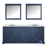 Dukes 80" Navy Blue Double Vanity, White Carrara Marble Top, White Square Sinks and 30" Mirrors