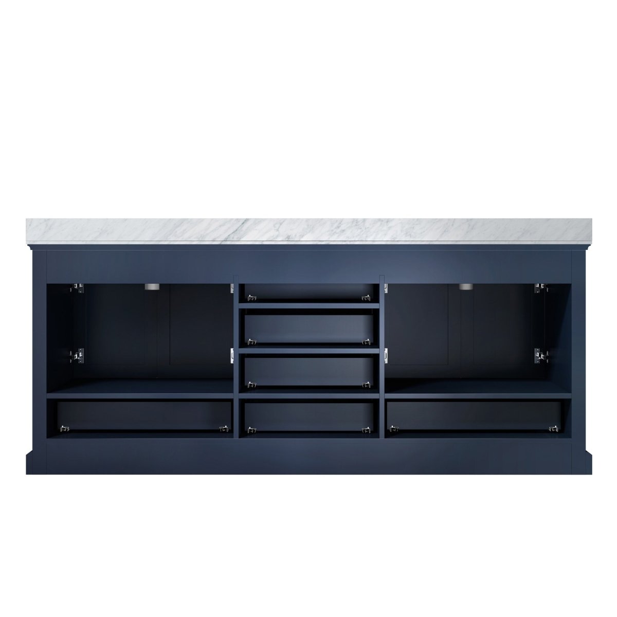 Dukes 80" Navy Blue Double Vanity, White Carrara Marble Top, White Square Sinks and 30" Mirrors