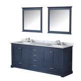 Dukes 80" Navy Blue Double Vanity, White Carrara Marble Top, White Square Sinks and 30" Mirrors