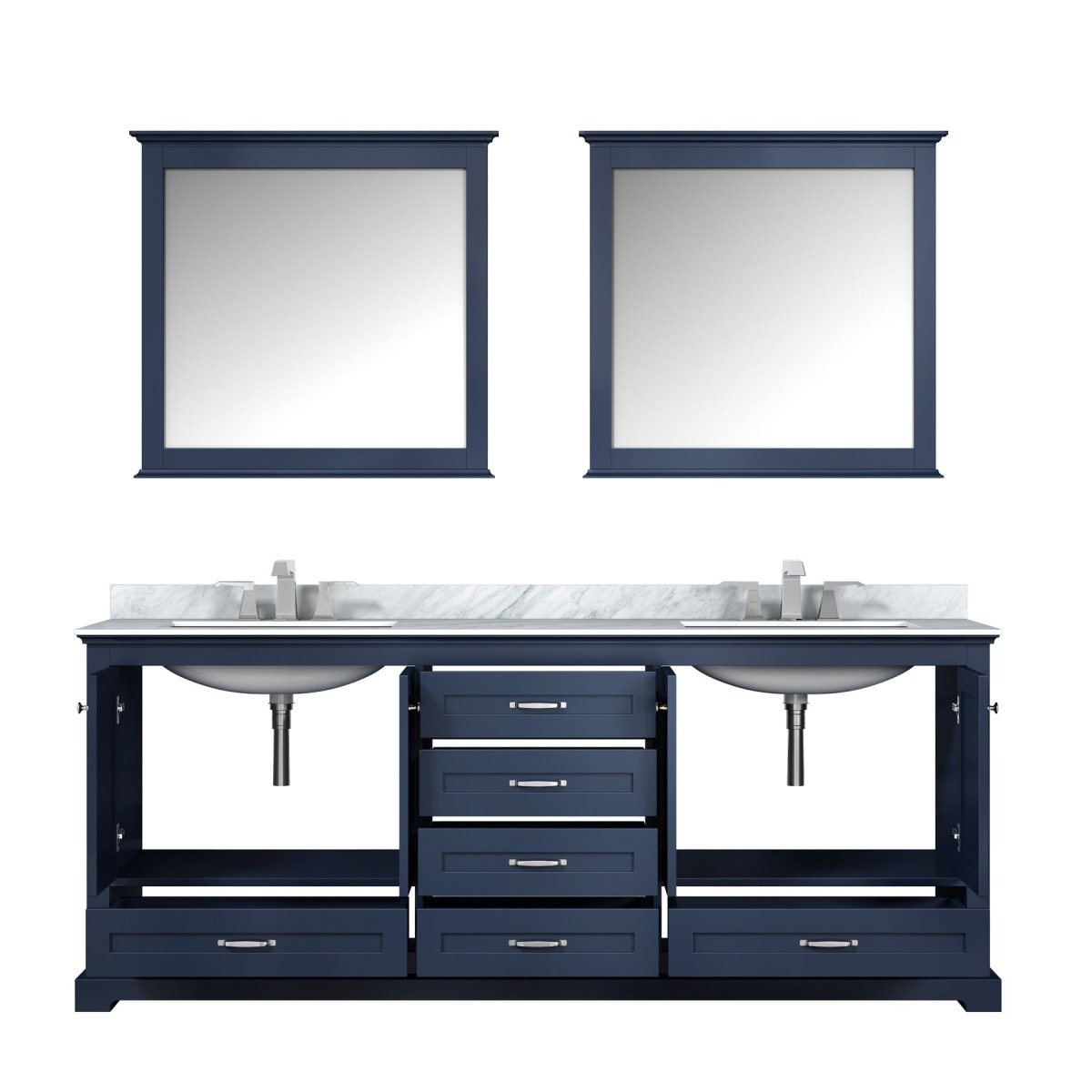 Dukes 80" Navy Blue Double Vanity, White Carrara Marble Top, White Square Sinks and 30" Mirrors