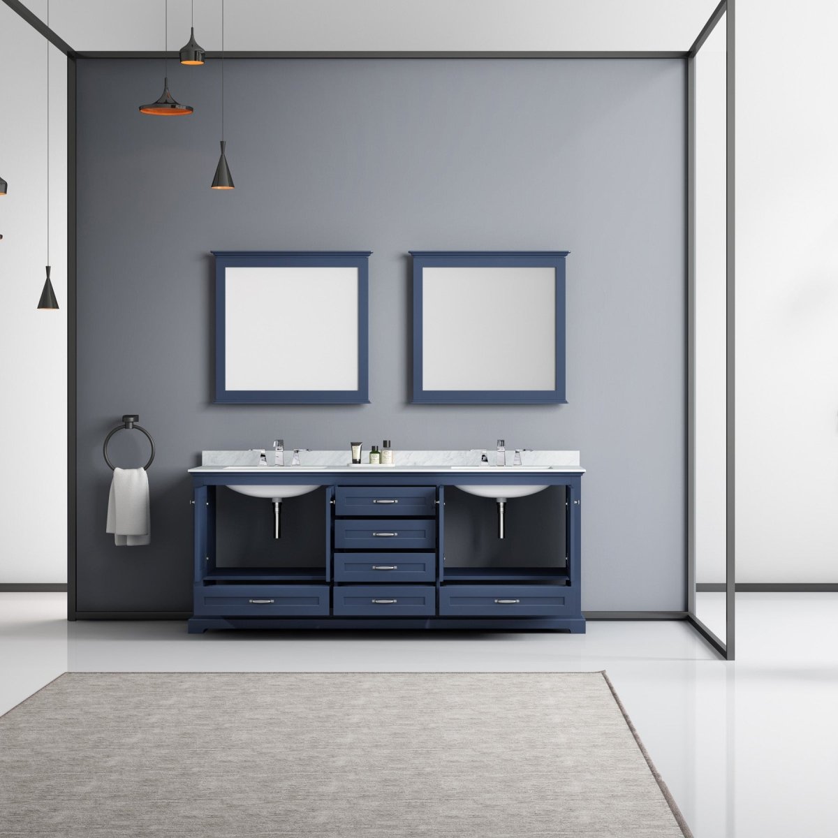 Dukes 80" Navy Blue Double Vanity, White Carrara Marble Top, White Square Sinks and 30" Mirrors