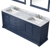 Dukes 80" Navy Blue Double Vanity, White Carrara Marble Top, White Square Sinks and 30" Mirrors w/ Faucets
