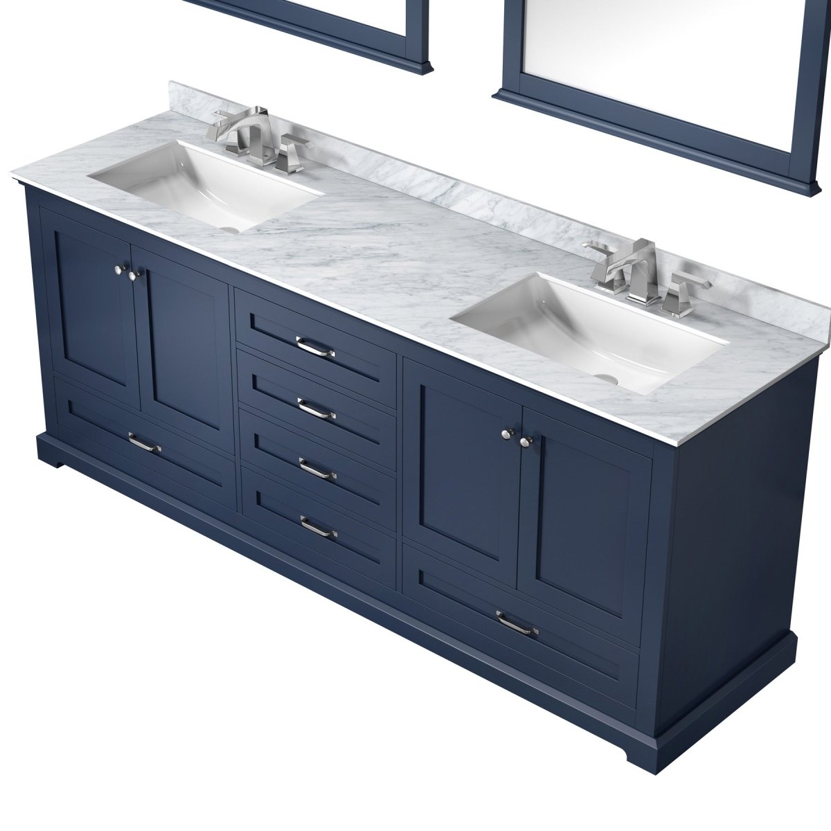Dukes 80" Navy Blue Double Vanity, White Carrara Marble Top, White Square Sinks and 30" Mirrors w/ Faucets