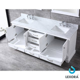 Dukes 80" White Double Vanity, White Carrara Marble Top, White Square Sinks and 30" Mirrors w/ Faucets