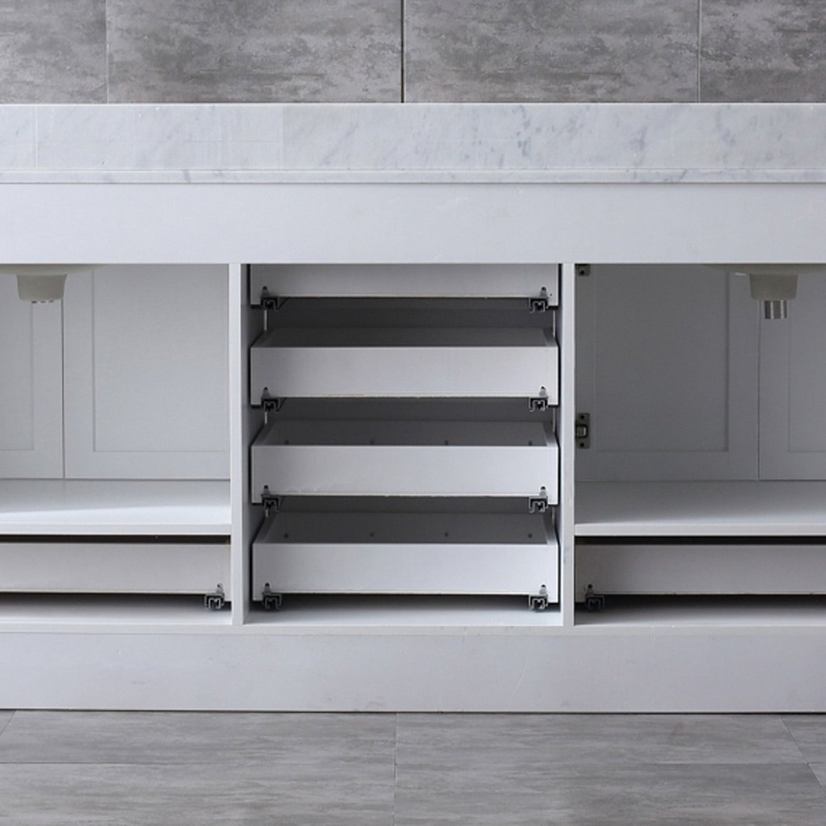 Dukes 80" White Double Vanity, White Carrara Marble Top, White Square Sinks and 30" Mirrors w/ Faucets
