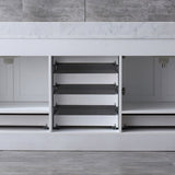 Dukes 80" White Double Vanity, White Carrara Marble Top, White Square Sinks and 30" Mirrors w/ Faucets
