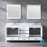 Dukes 80" White Double Vanity, White Carrara Marble Top, White Square Sinks and 30" Mirrors w/ Faucets