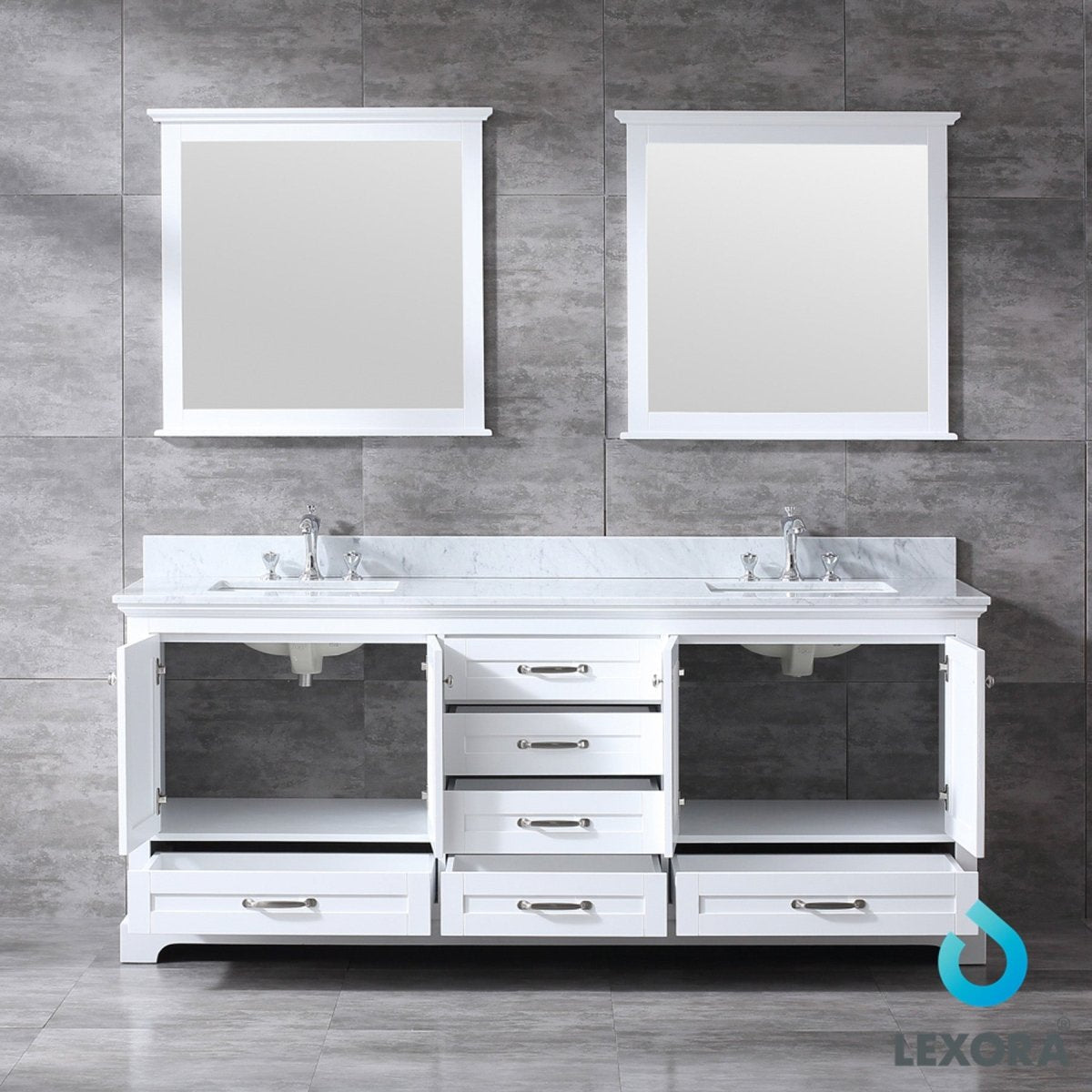 Dukes 80" White Double Vanity, White Carrara Marble Top, White Square Sinks and 30" Mirrors w/ Faucets