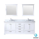 Dukes 80" White Double Vanity, White Carrara Marble Top, White Square Sinks and 30" Mirrors w/ Faucets