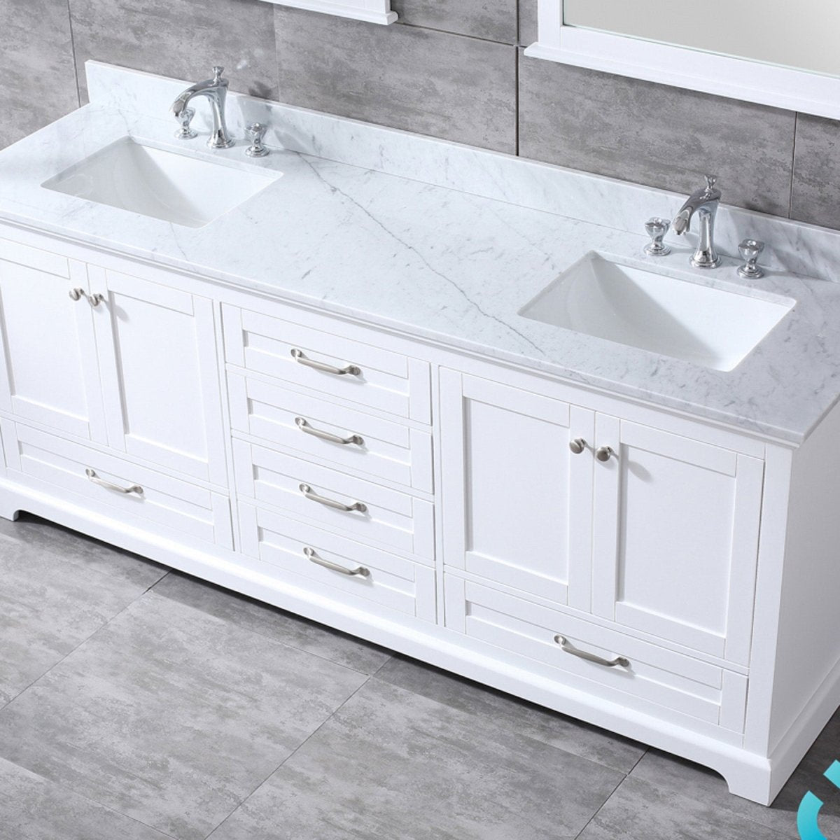 Dukes 80" White Double Vanity, White Carrara Marble Top, White Square Sinks and 30" Mirrors w/ Faucets