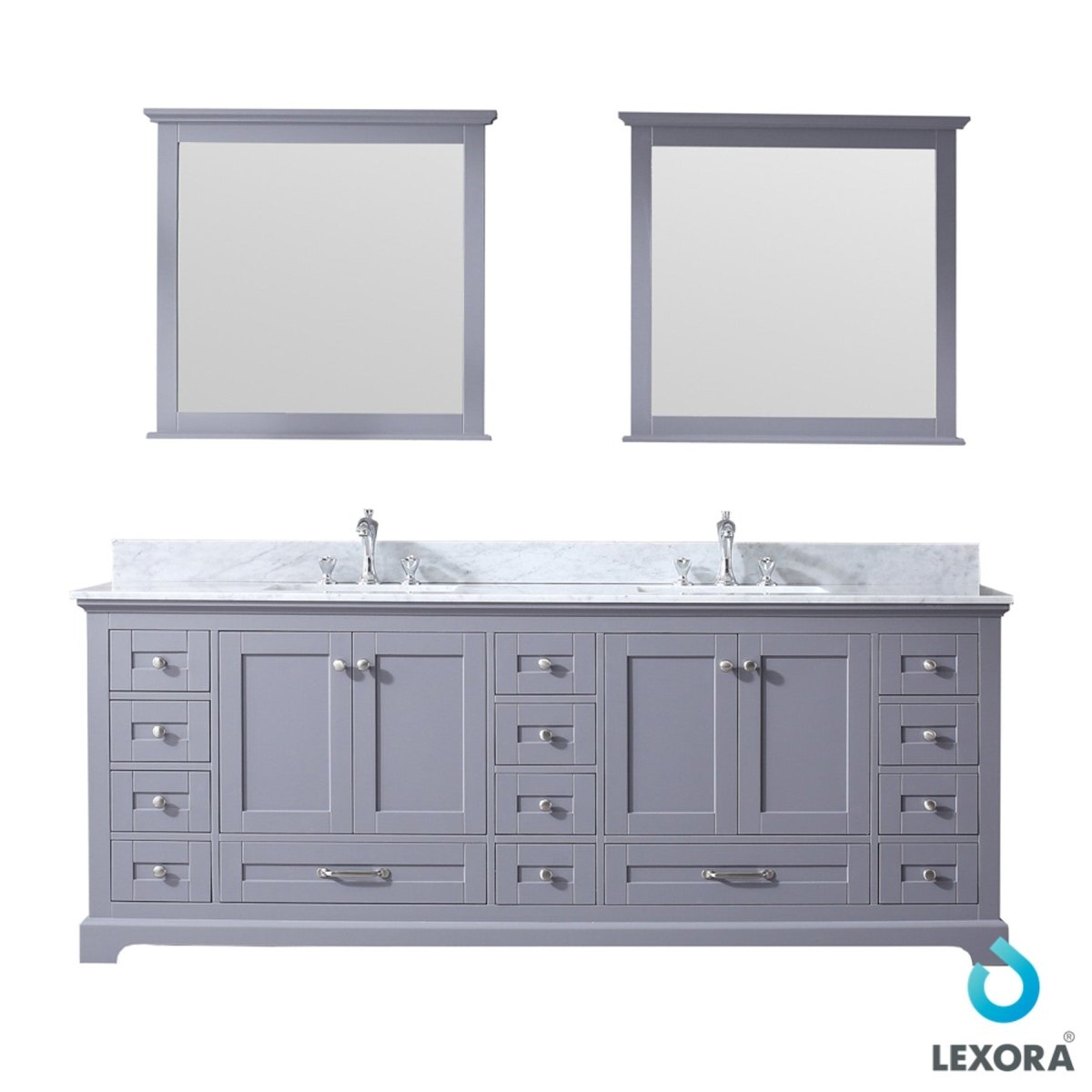 Dukes 84" Dark Grey Double Vanity, White Carrara Marble Top, White Square Sinks and 34" Mirrors w/ Faucets
