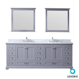 Dukes 84" Dark Grey Double Vanity, White Carrara Marble Top, White Square Sinks and 34" Mirrors w/ Faucets