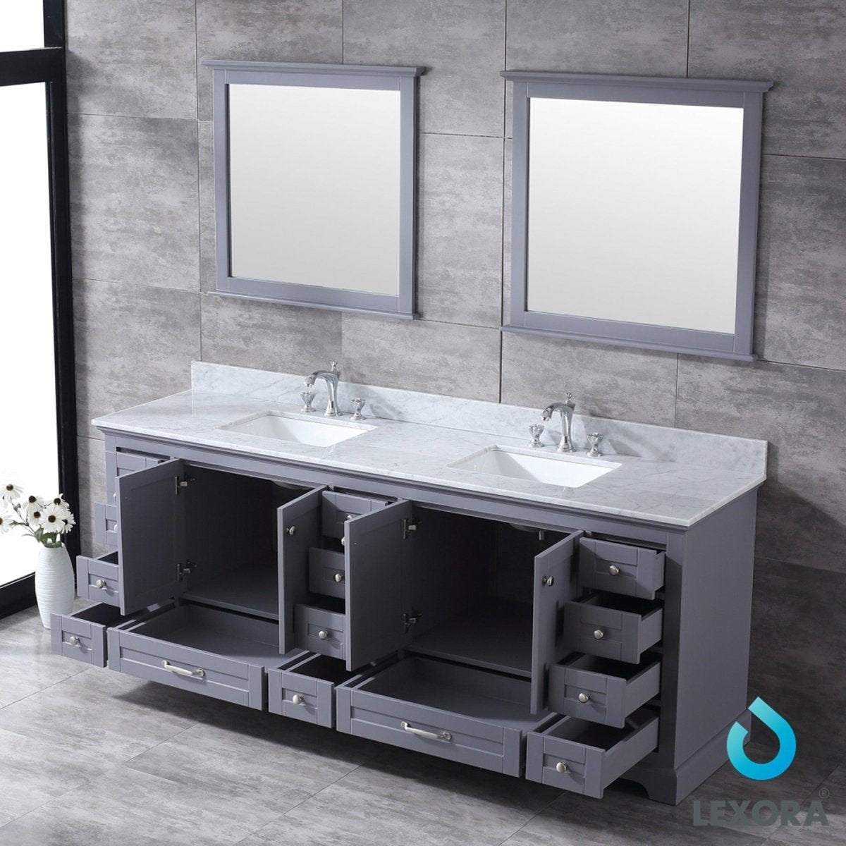 Dukes 84" Dark Grey Double Vanity, White Carrara Marble Top, White Square Sinks and 34" Mirrors w/ Faucets