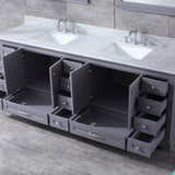 Dukes 84" Dark Grey Double Vanity, White Carrara Marble Top, White Square Sinks and 34" Mirrors w/ Faucets