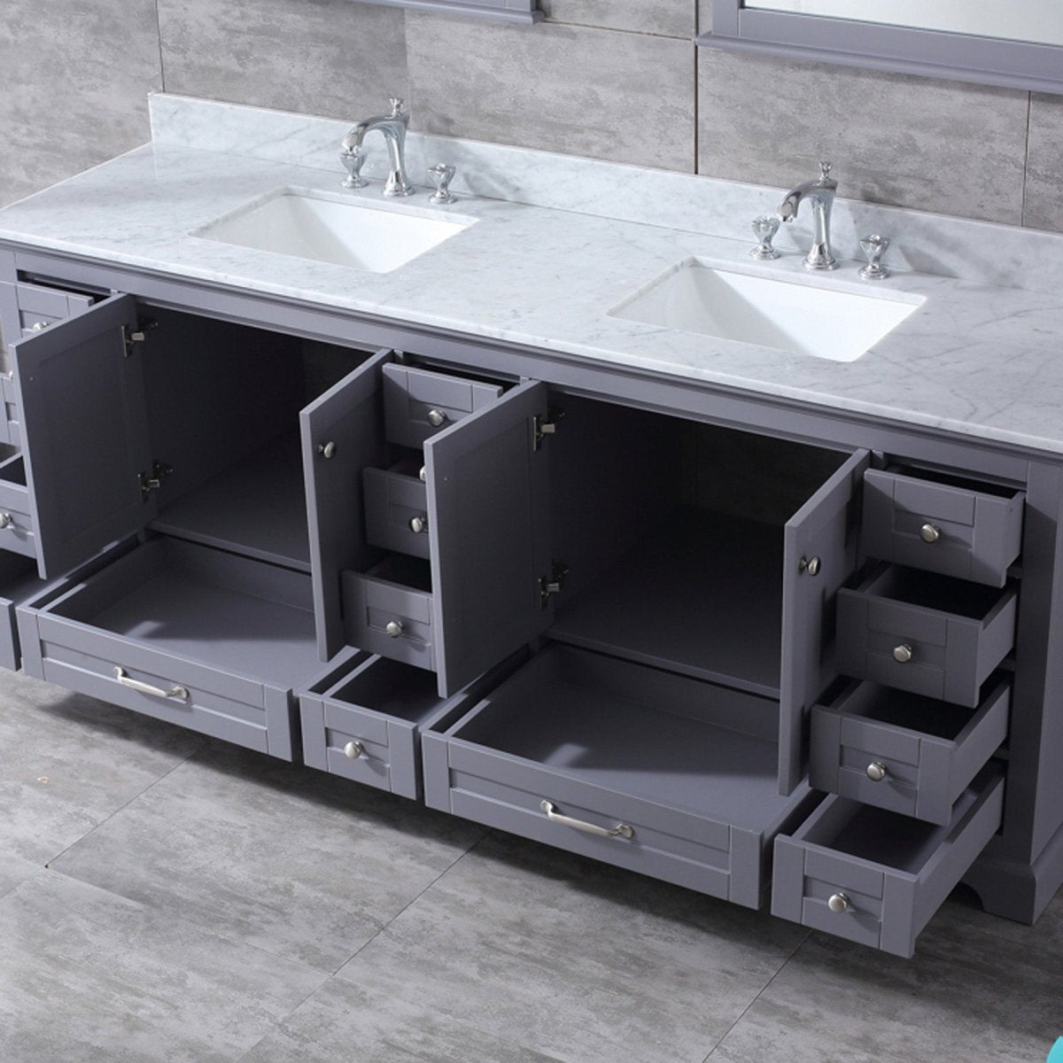 Dukes 84" Dark Grey Double Vanity, White Carrara Marble Top, White Square Sinks and 34" Mirrors w/ Faucets