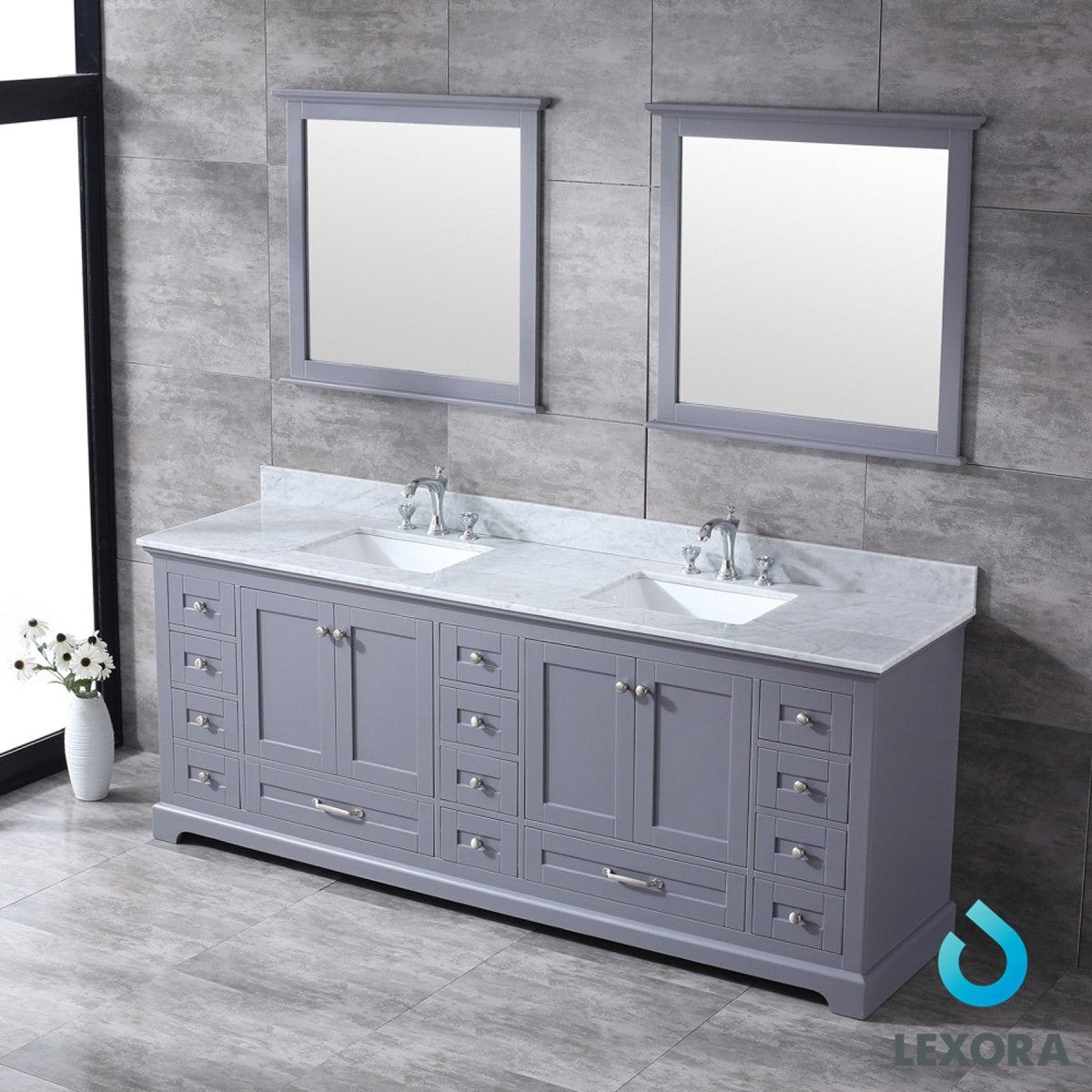 Dukes 84" Dark Grey Double Vanity, White Carrara Marble Top, White Square Sinks and 34" Mirrors w/ Faucets