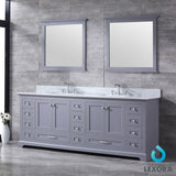 Dukes 84" Dark Grey Double Vanity, White Carrara Marble Top, White Square Sinks and 34" Mirrors w/ Faucets