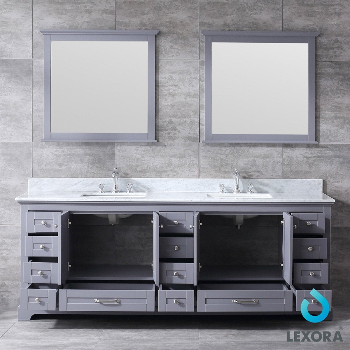 Dukes 84" Dark Grey Double Vanity, White Carrara Marble Top, White Square Sinks and 34" Mirrors w/ Faucets