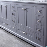 Dukes 84" Dark Grey Double Vanity, White Carrara Marble Top, White Square Sinks and 34" Mirrors w/ Faucets