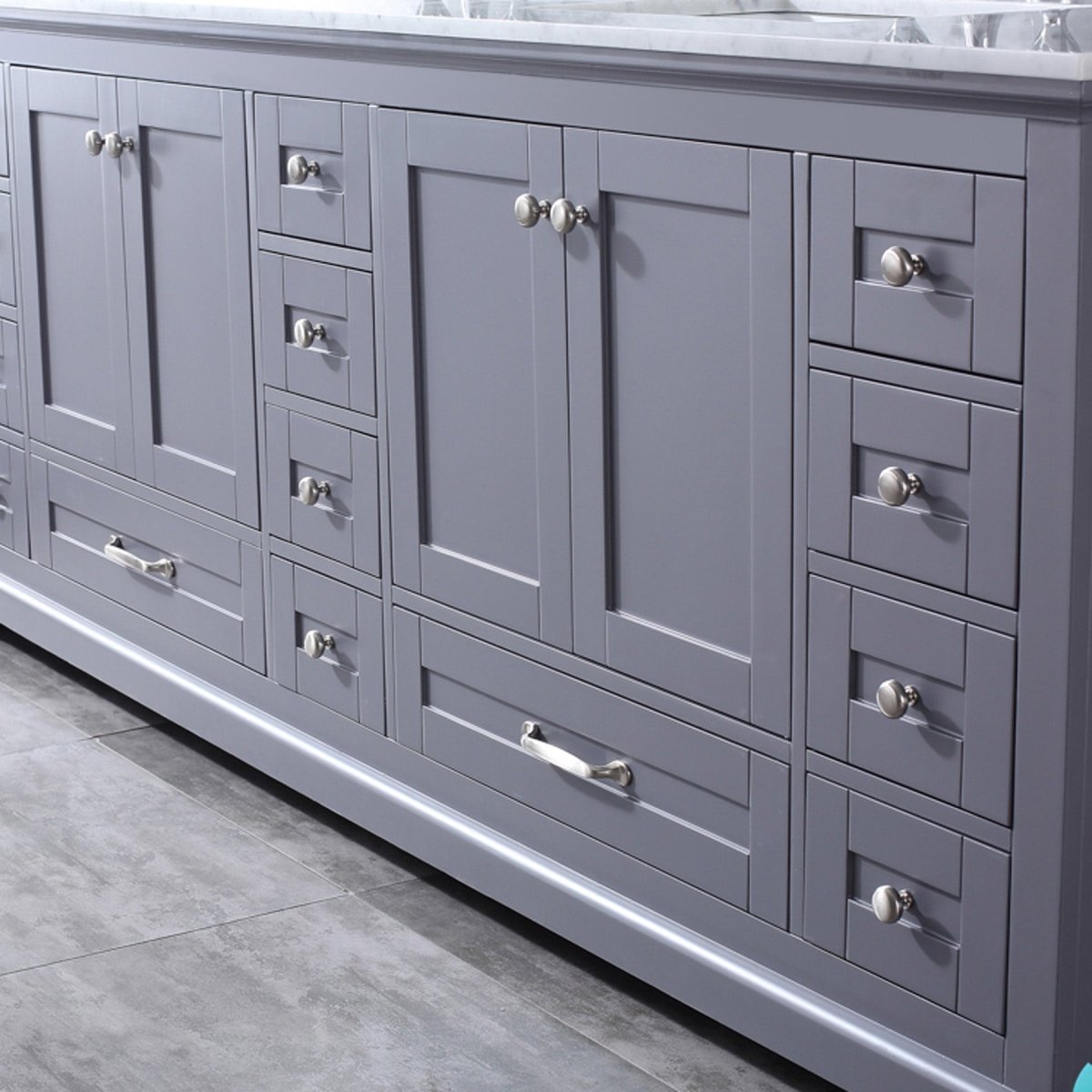 Dukes 84" Dark Grey Double Vanity, White Carrara Marble Top, White Square Sinks and 34" Mirrors w/ Faucets