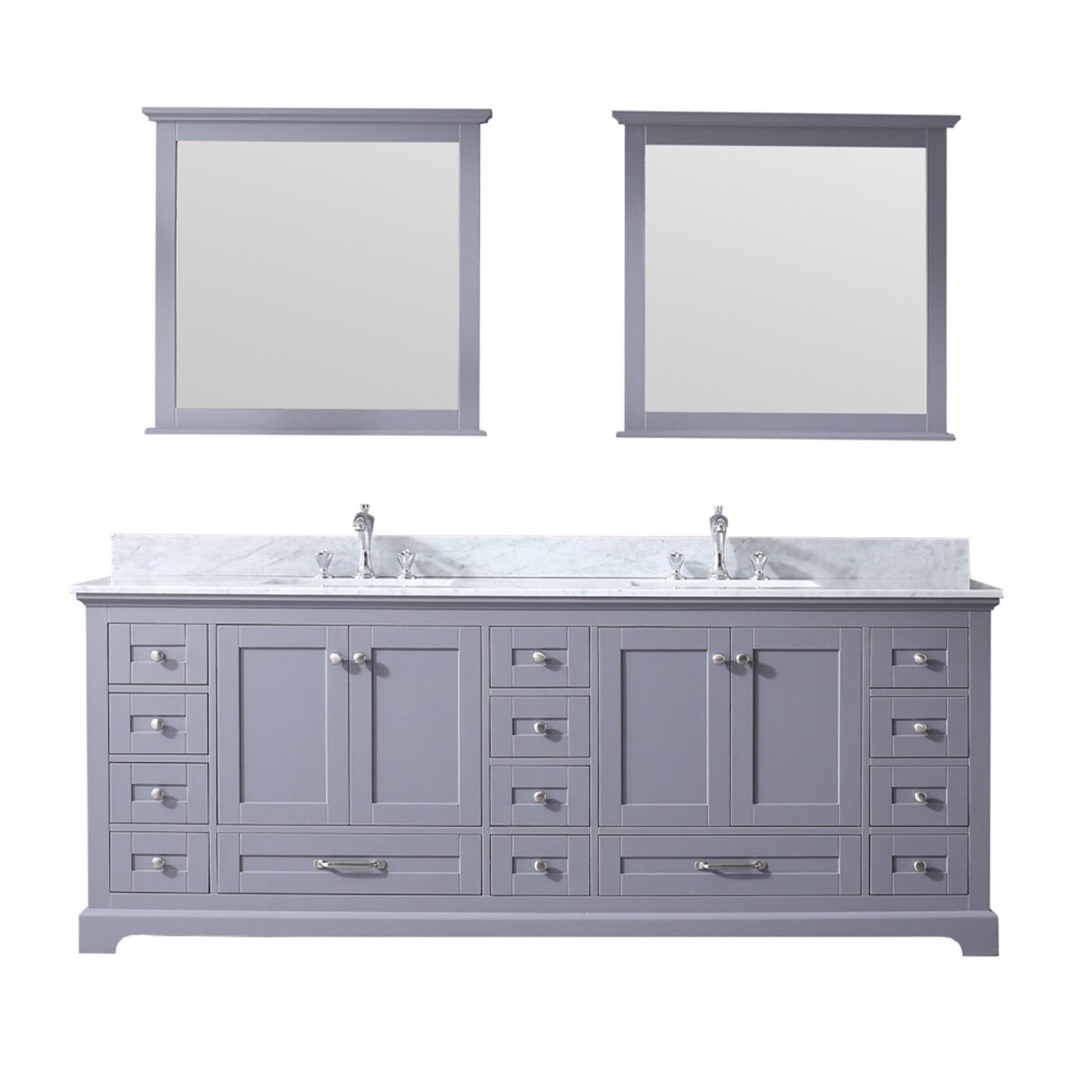 Dukes 84" Dark Grey Double Vanity, White Carrara Marble Top, White Square Sinks and 34" Mirrors w/ Faucets