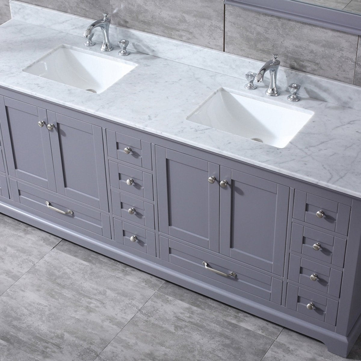 Dukes 84" Dark Grey Double Vanity, White Carrara Marble Top, White Square Sinks and 34" Mirrors w/ Faucets