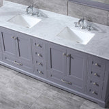 Dukes 84" Dark Grey Double Vanity, White Carrara Marble Top, White Square Sinks and 34" Mirrors w/ Faucets