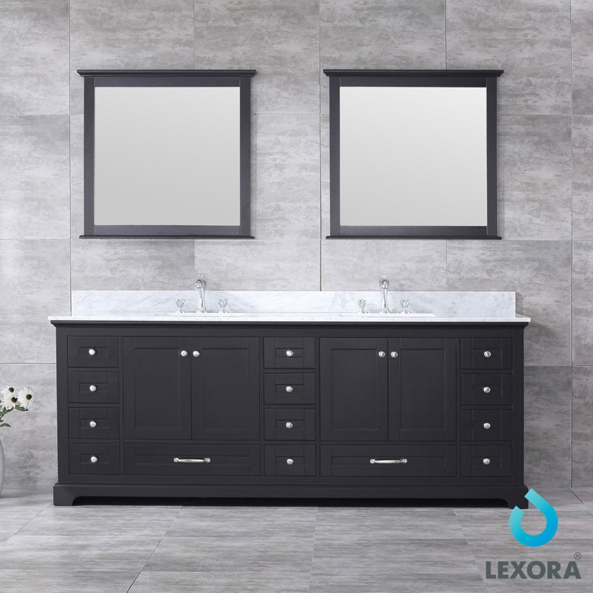 Dukes 84" Espresso Double Vanity, White Carrara Marble Top, White Square Sinks and 34" Mirrors w/ Faucets