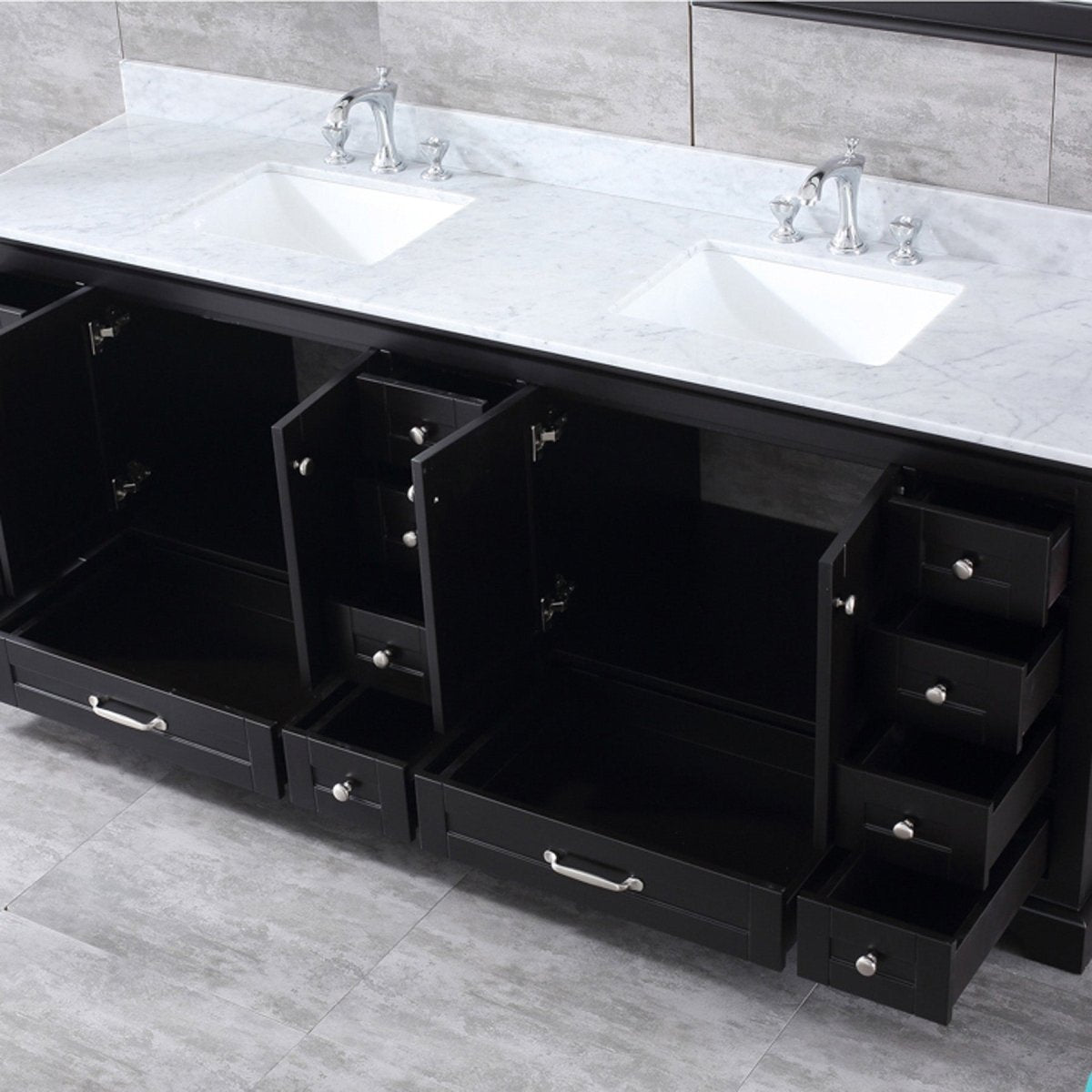 Dukes 84" Espresso Double Vanity, White Carrara Marble Top, White Square Sinks and 34" Mirrors w/ Faucets
