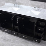 Dukes 84" Espresso Double Vanity, White Carrara Marble Top, White Square Sinks and 34" Mirrors w/ Faucets