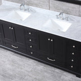 Dukes 84" Espresso Double Vanity, White Carrara Marble Top, White Square Sinks and 34" Mirrors w/ Faucets